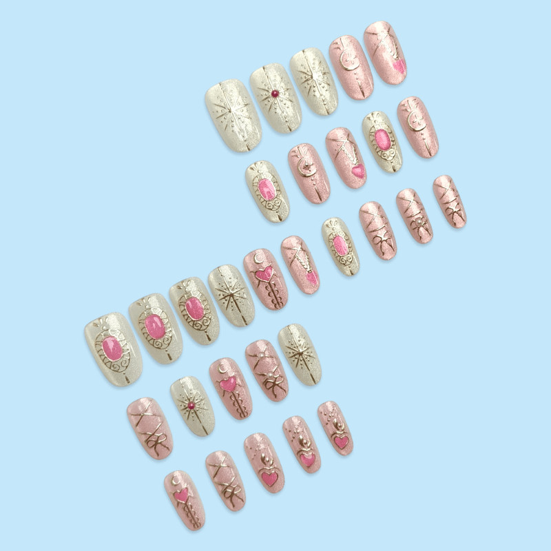 48pcs Short Oval Press on Nails, Nude Pink Rose Gold Heart Gem Elegant Nails