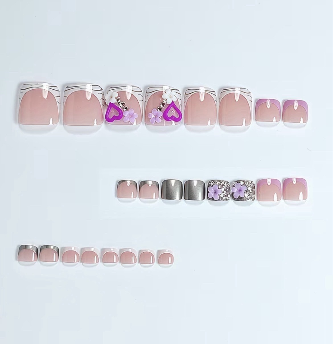 Short Square Press-On Toenails French Pink White Purple Heart Pre-Designed Glue