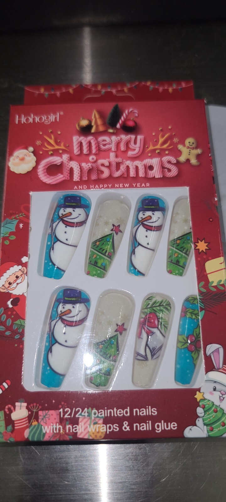 Christmas Press on Nails Medium Coffin Fake Nails with Christmas Tree Design Gli