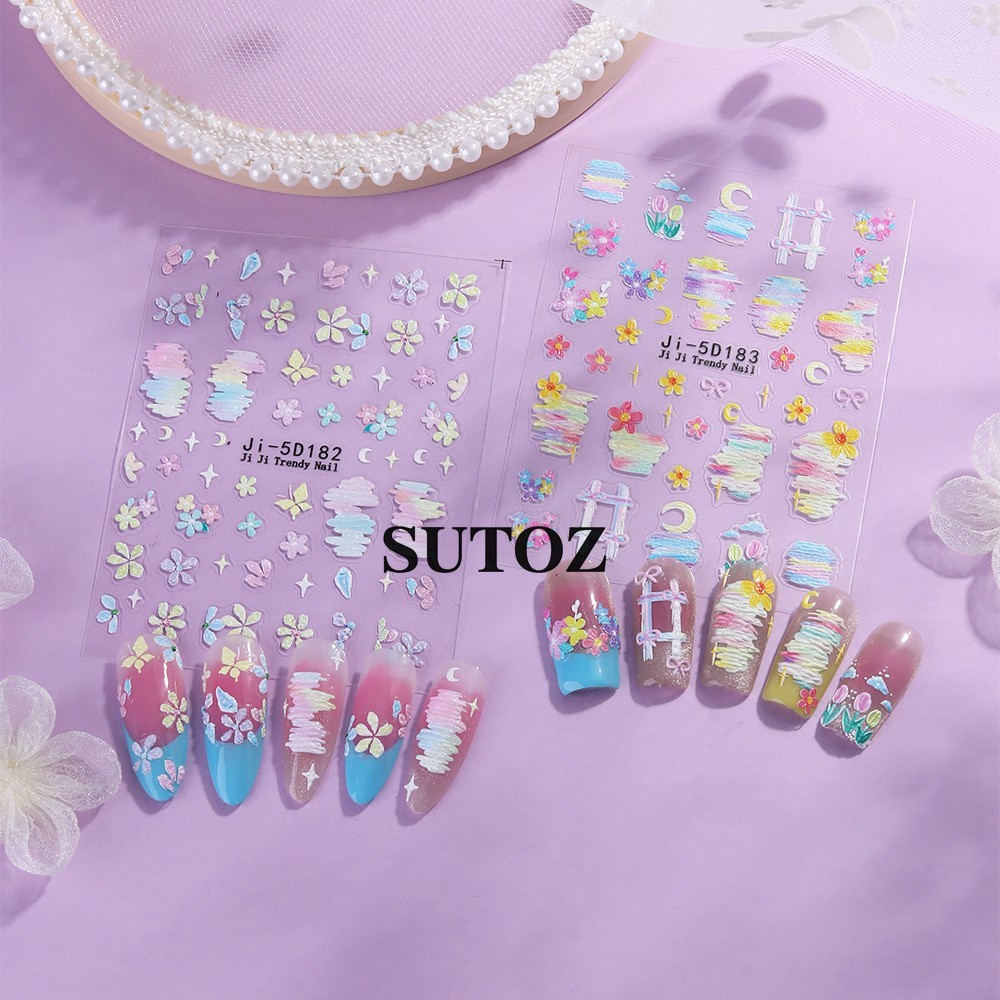 2Pcs 5D Nail Stickers Embossed Daisy Flower Bride Decal Nail Art Decoration NH29
