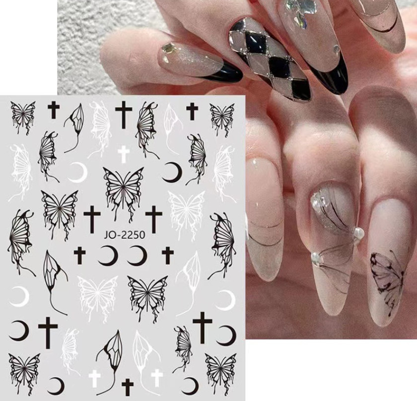 Butterfly Cross Nail Sticker 3D Holographic Black Silver Star Moon Adhesive NS48