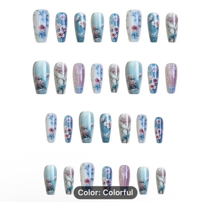 Blue Sky Asian Garden Nail Tips 24pcs Finished Boxed With Glue & Tabs Nails