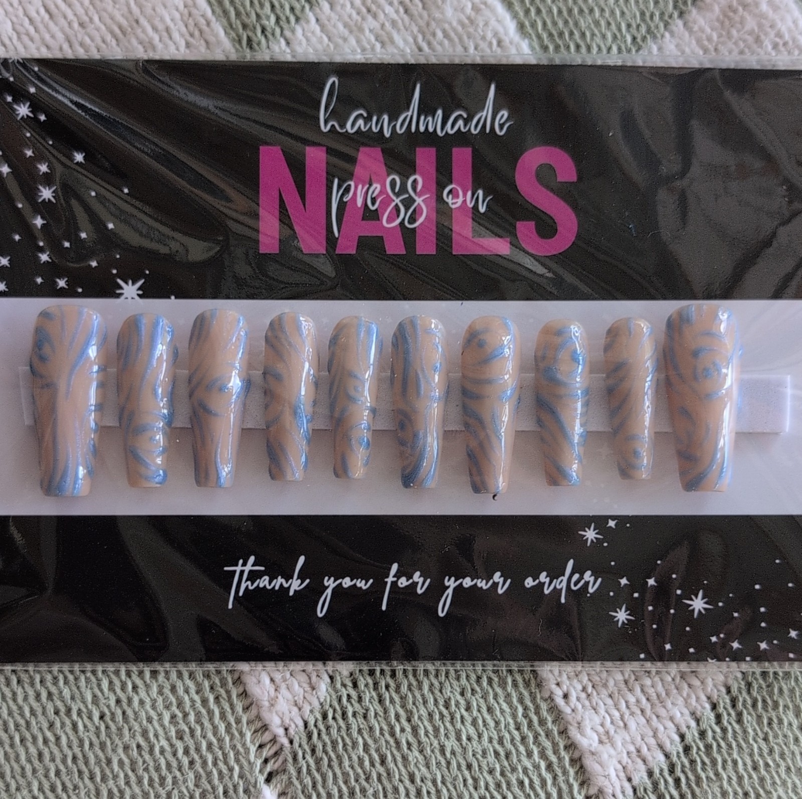 Press-On Nails Handmade Long Coffin Nude Blue Swirl Sized Medium