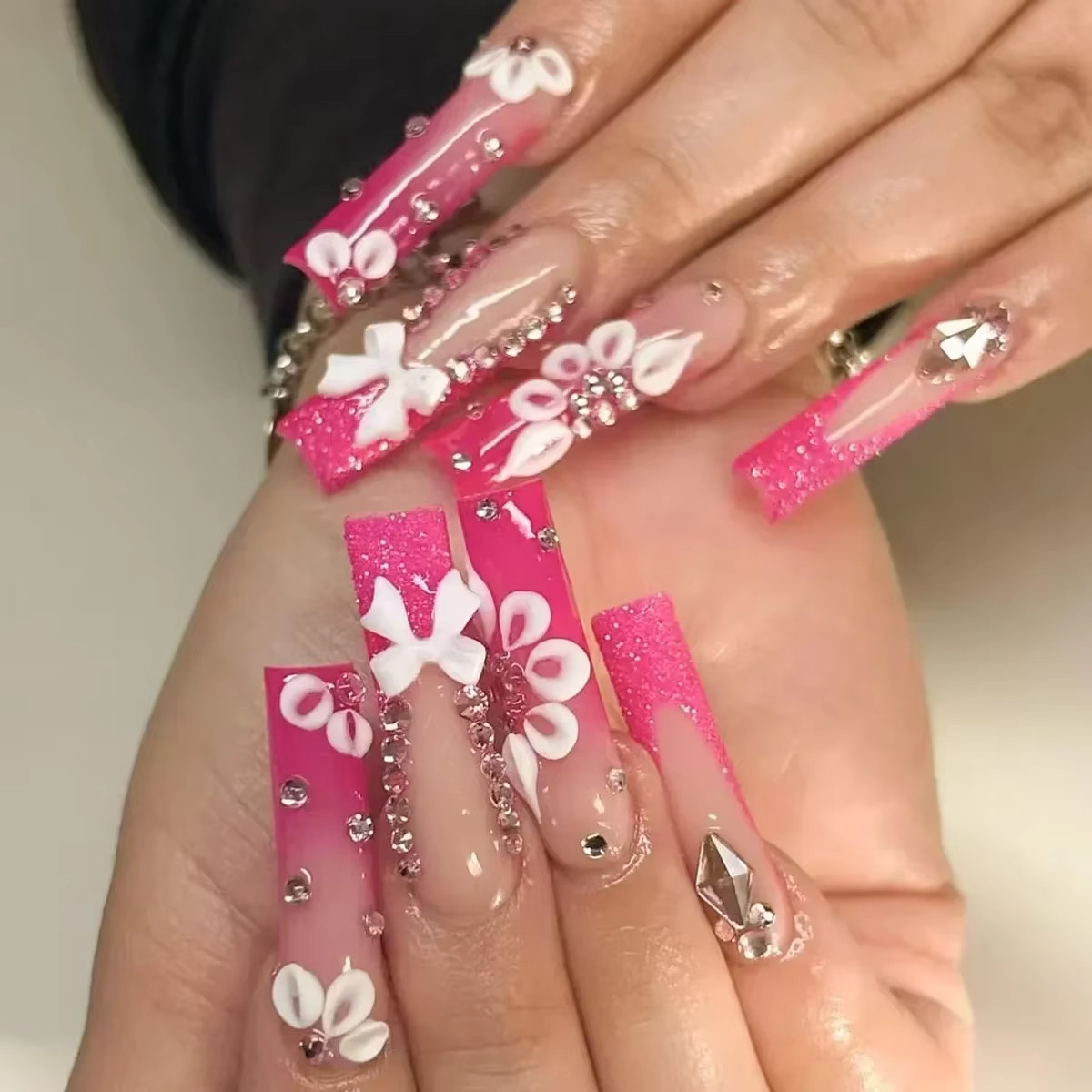24Pcs Long French Fake Nails with Glue Ballet False Nails Butterfly Rhinestone D