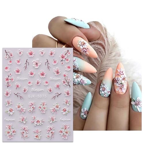 6 Sheets 3D Embossed Spring Flower Nail Art Stickers Decals Self-Adhesive