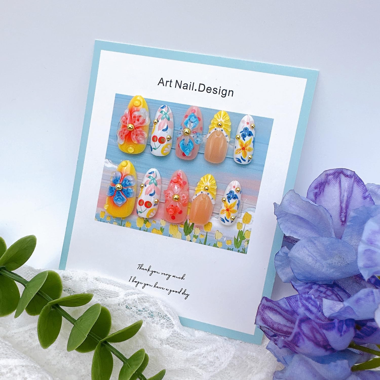 30Pcs Summer Press on Nails Medium Almond 3D Lemon French Medium, Multicolor