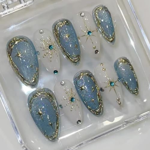 Medium Almond Press on Nails 3D Cat Eye Fake Nails Irregular Gilded Almond-M9