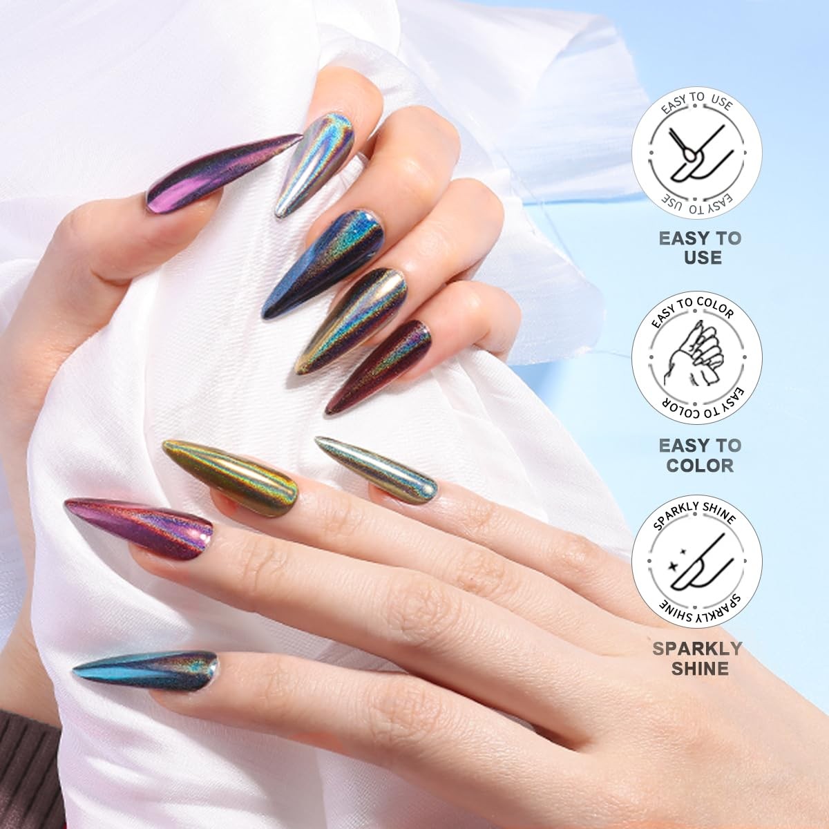 Furtherpretty Holographic Chrome Nail Powder, 10 Colors Metallic 10 colors