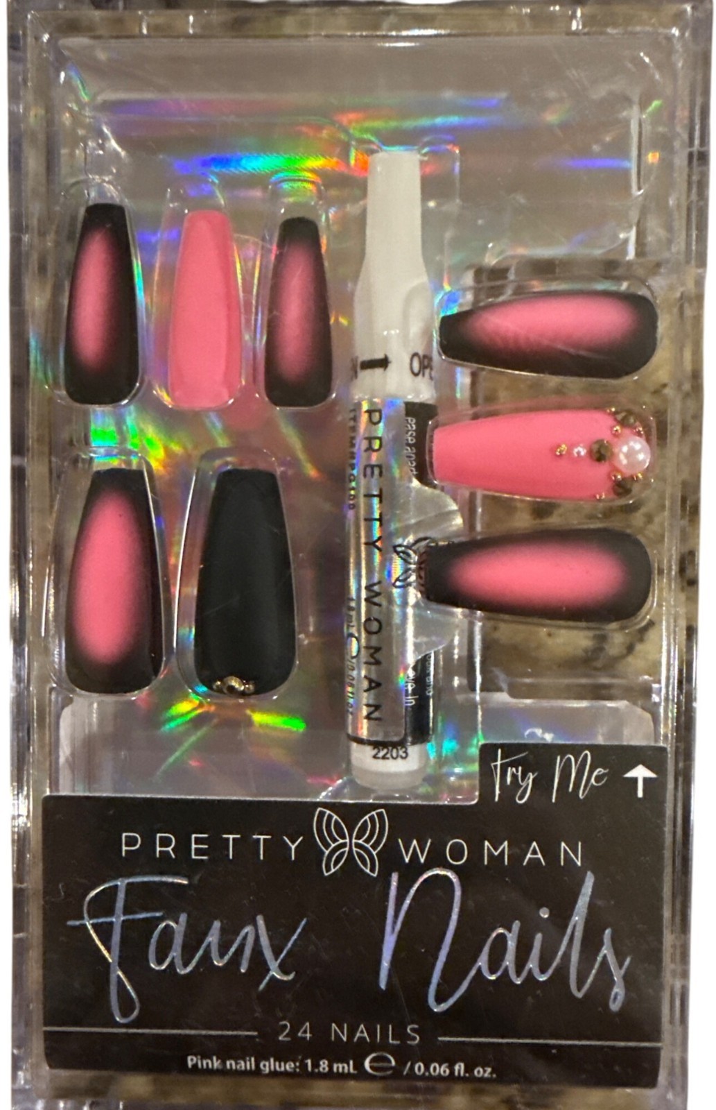 Pretty Woman 24 FAUX NAILS Long Coffin Ombre+Matte Pink+Black GEMS READ!!