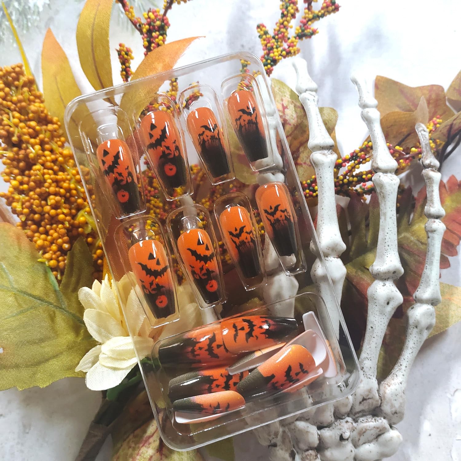 LOPMNGHT Halloween Press on Nails Medium Ballet Shaped Artificial Multi