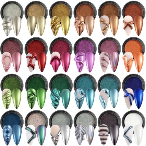 24 Colors Metallic Nail Powder Set – Chrome, Iridescent & Chameleon Pigments for