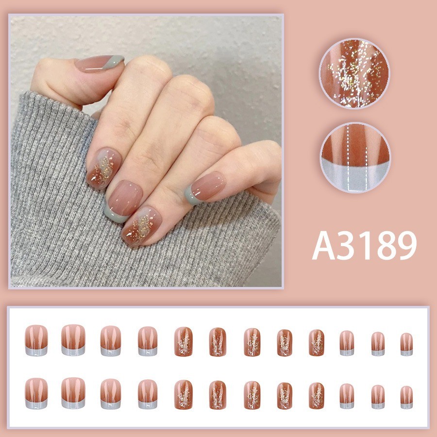 48 Pcs Grey French Gold Foil Press on Nails, Short Square Nude Daily Fake Nails