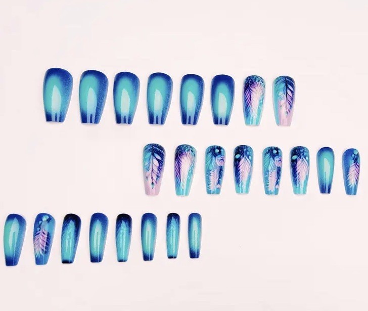 24pc Ballerina Ballet Style Turquoise Pink Long Press On nails Teal Feather Teal