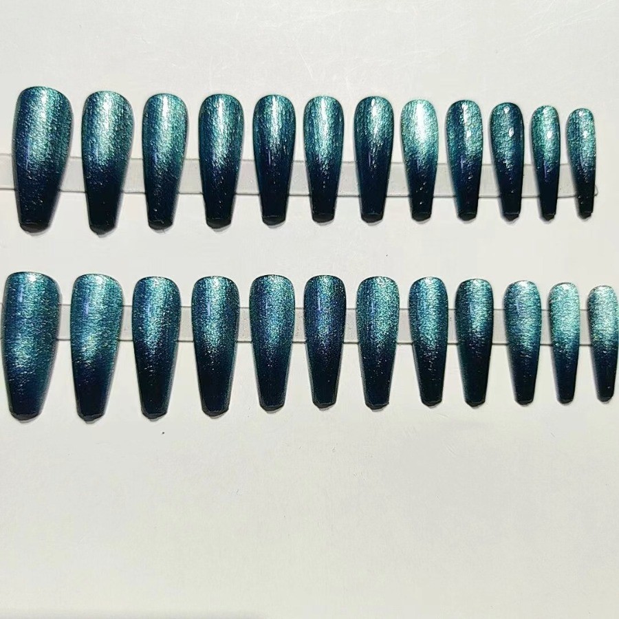48pcs Long Taper Press on Nails, Black Teal Aurora Silver Glitter Ombre Nails