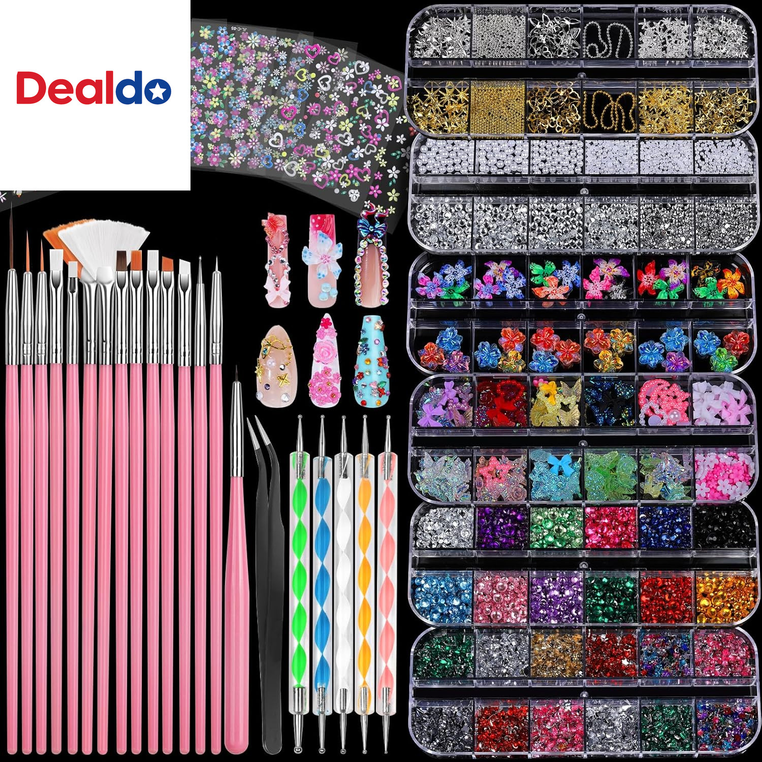 Nail Charms and Nail Brushes, Nail Accessories Kit with 15 Pcs Nail Art Brushes,