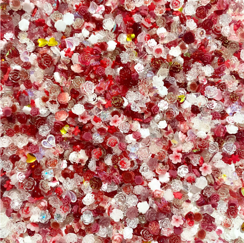 Red White Nail Art Charms Mixing Collection Rose Heart Bow Flower Decor 60Pcs