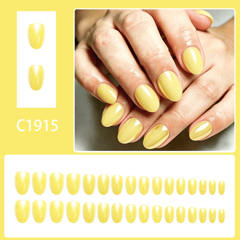 48pcs Short Oval Press on Nails, Cream Yellow Solid Cat Eye Casual Gloss Nails