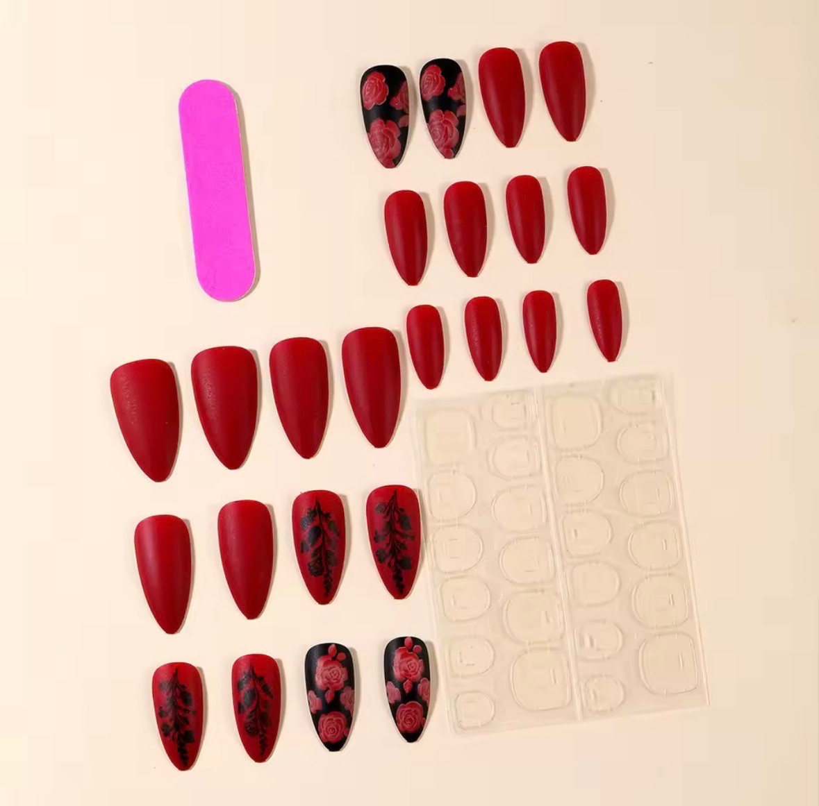 24PCS Matte Almond Press On Nails Burgundy Rose Leaf Full Cover Nails