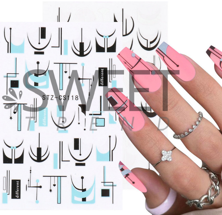 3D Holographic Blue Black White French Geometry Lines Nail Sticker Decal DIY NS7