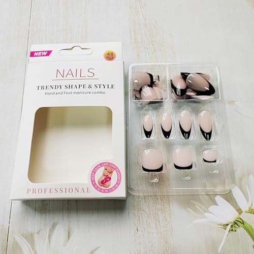 48Pcs Medium Almond Press on Nails and Toes Matching Set Black French Tip Fake