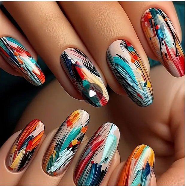 24 Pcs Press-On Nails Long Almond Colorful Marble Like Design