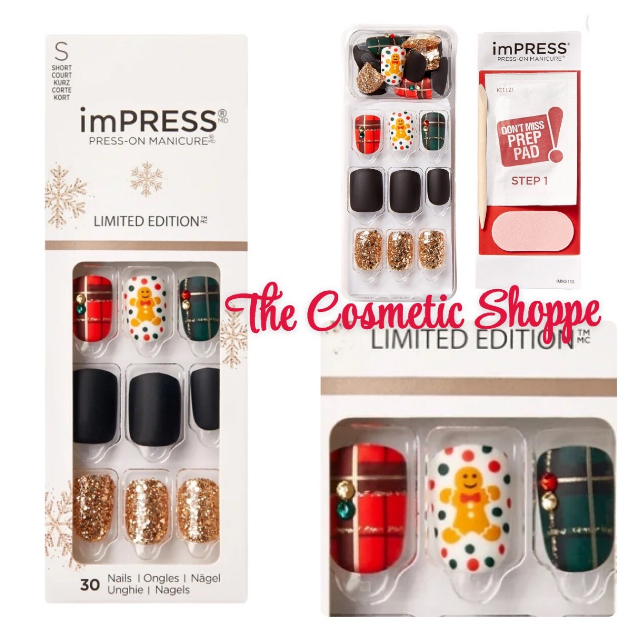 KISS imPRESS Press-On Manicure Short Matte Black Nails Gingerbread Plaid X1 NEW