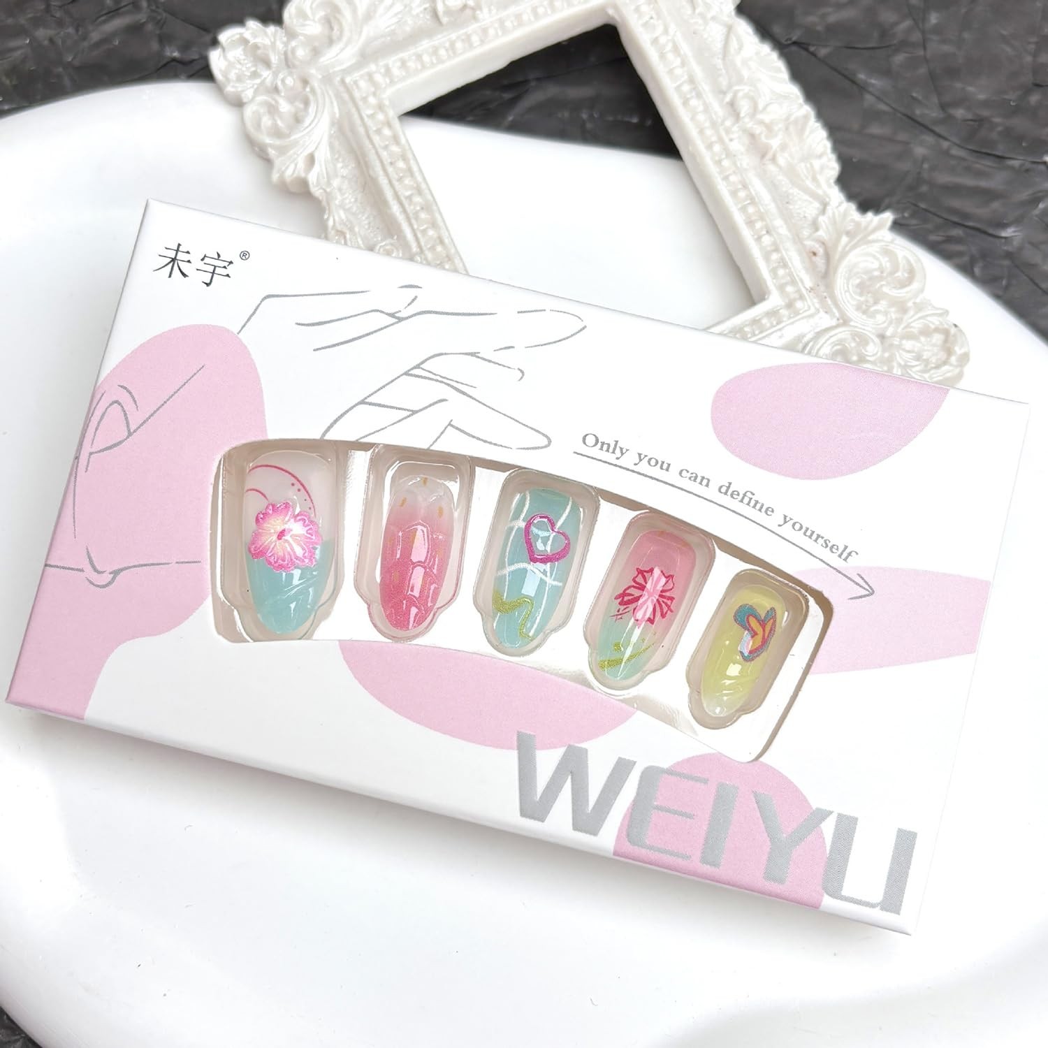 30Pcs Summer Ocean Press on Nails Almond Medium Multicolor Full Cover Glossy …