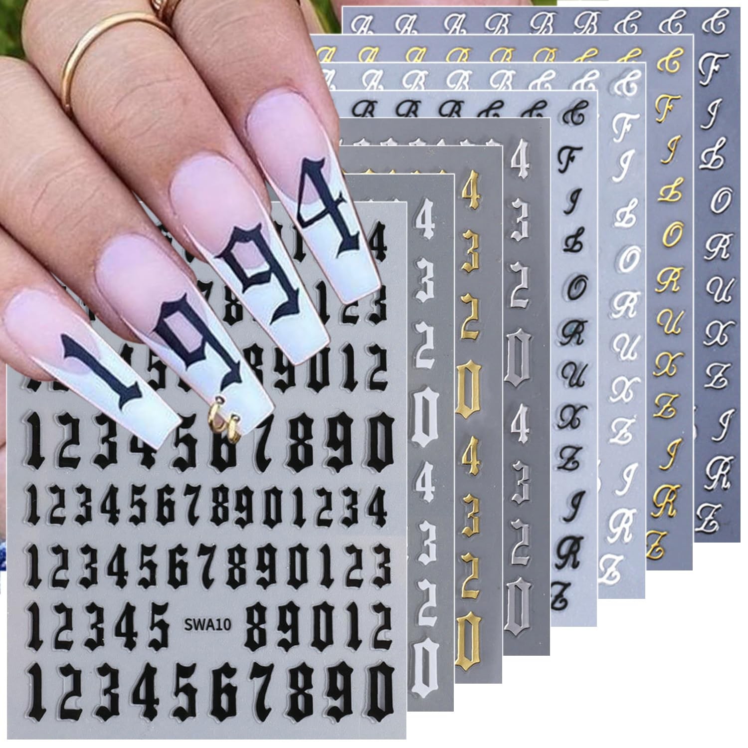 8 Sheets Old English Letter & Numbers Nail Stickers 3D Self-Adhesive Personal…