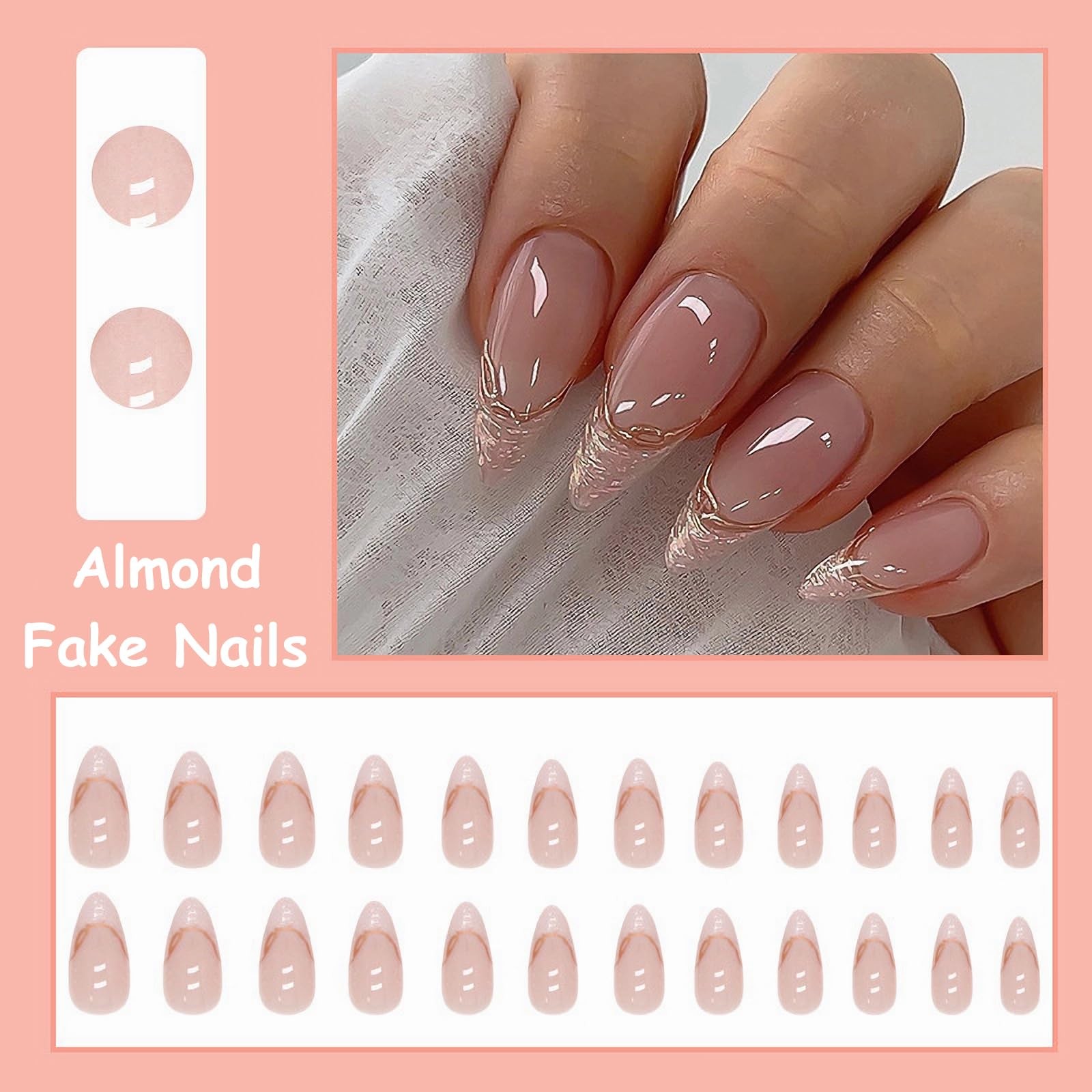 Press on Nails – Medium Almond Glue on Nails with Chrome, Acrylic French Tip …