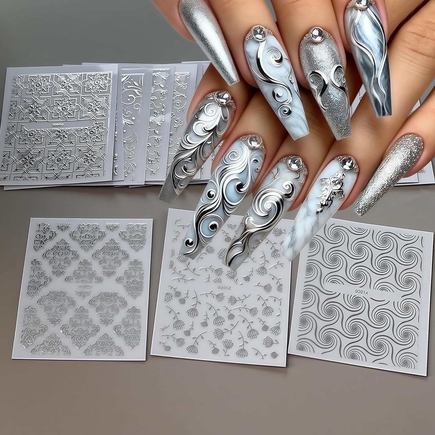 30 Silver lace Nail Stickers for Flower Nail Art 3D -Adhesive Nail Decals Sil…