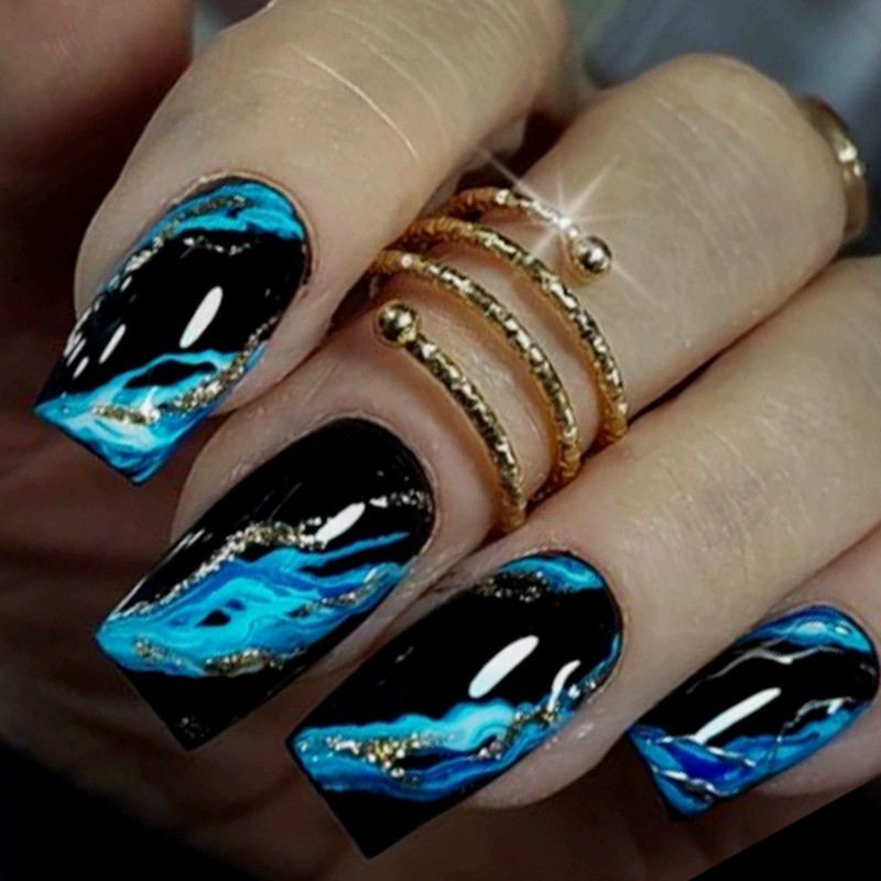 96PCS Luxury Blue White Diamond Black Gold Marble Pressure Nails Reusable Nail
