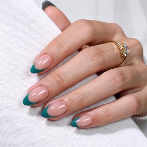 32Pcs Press On Nails Soft Gel Fake Nail – Short Almond, Teal Blue – 4-Teal Blue