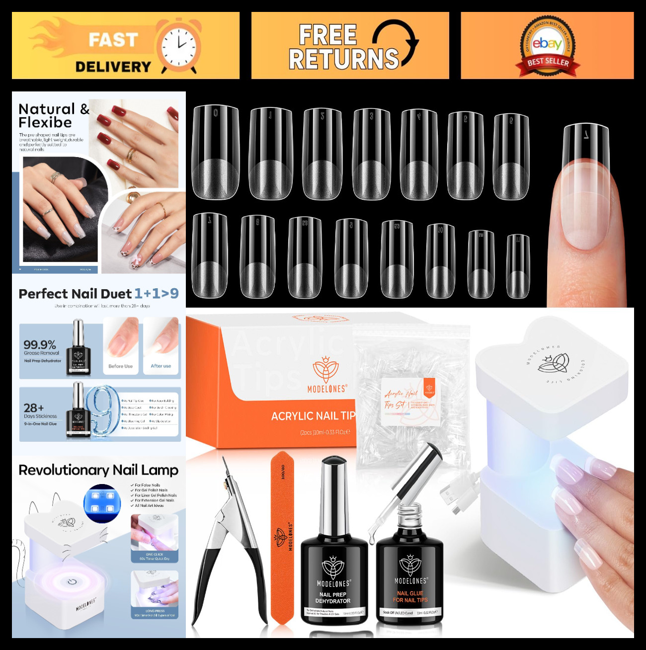 15 Sizes Short Square Gel Nail Tips Kit, 9-in-1 Glue & Portable LED Lamp, 510 Pc