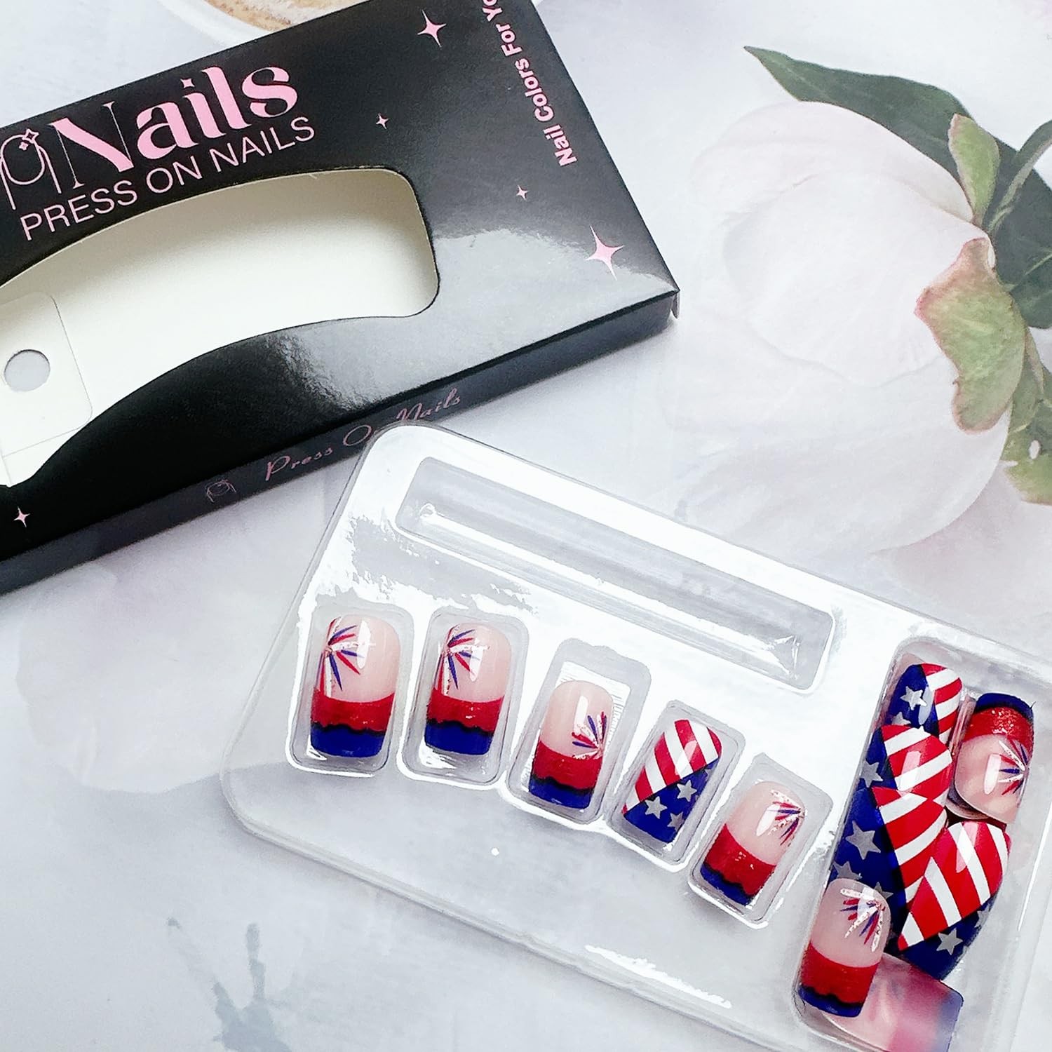 24Pcs 4th of July Press on Nails Short Square Fake July-14, Multicolor