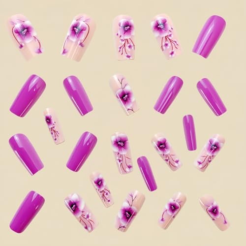 24Pcs Purple Press on Nails Medium Square QUNQINLI Coffin Fake Nails Design F1