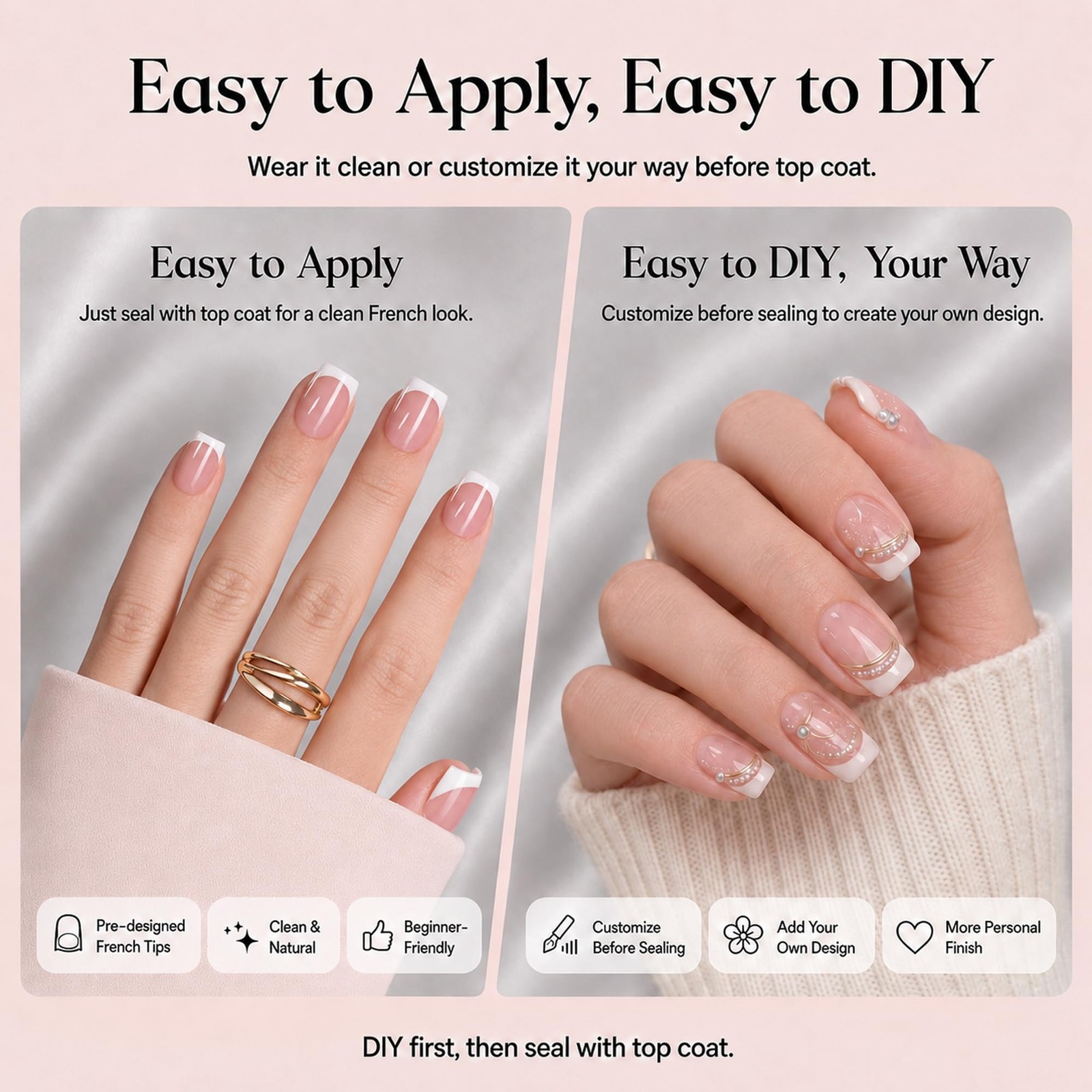 Beetles French 15 Sizes, 0 – Press On Nails Only | Short Square | Pink
