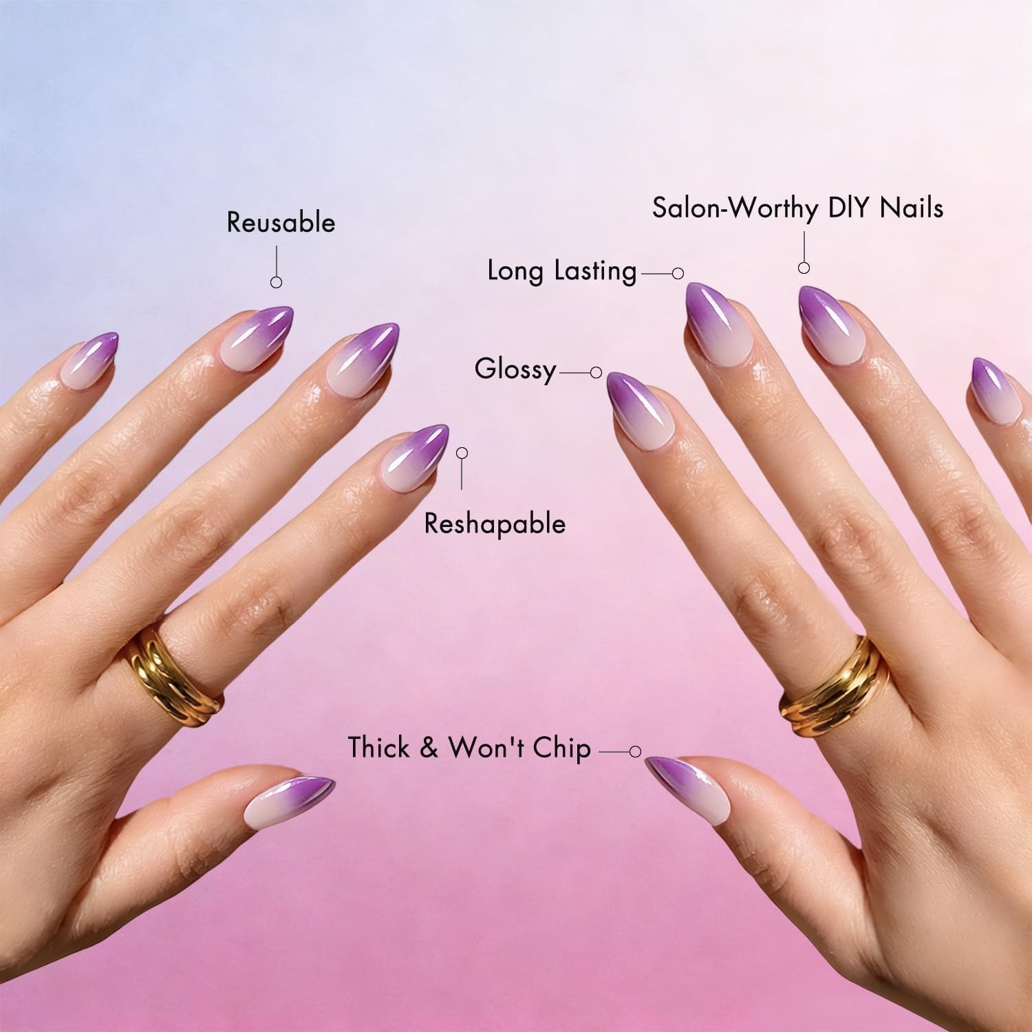 Chrome Ombre Lilac Press on Nails Short Almond, Shiny French Fake Nails with …