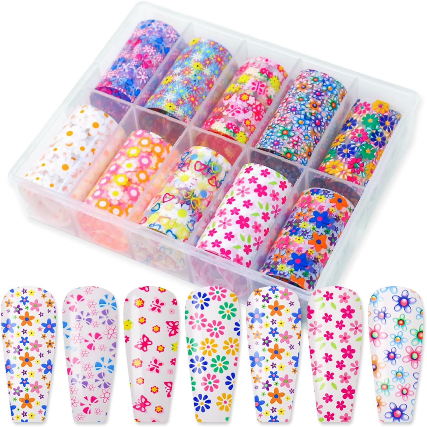 10 Roll Flower Nail Foil Transfer Holographic Foils Paper Sheets Daisy Nail Stic