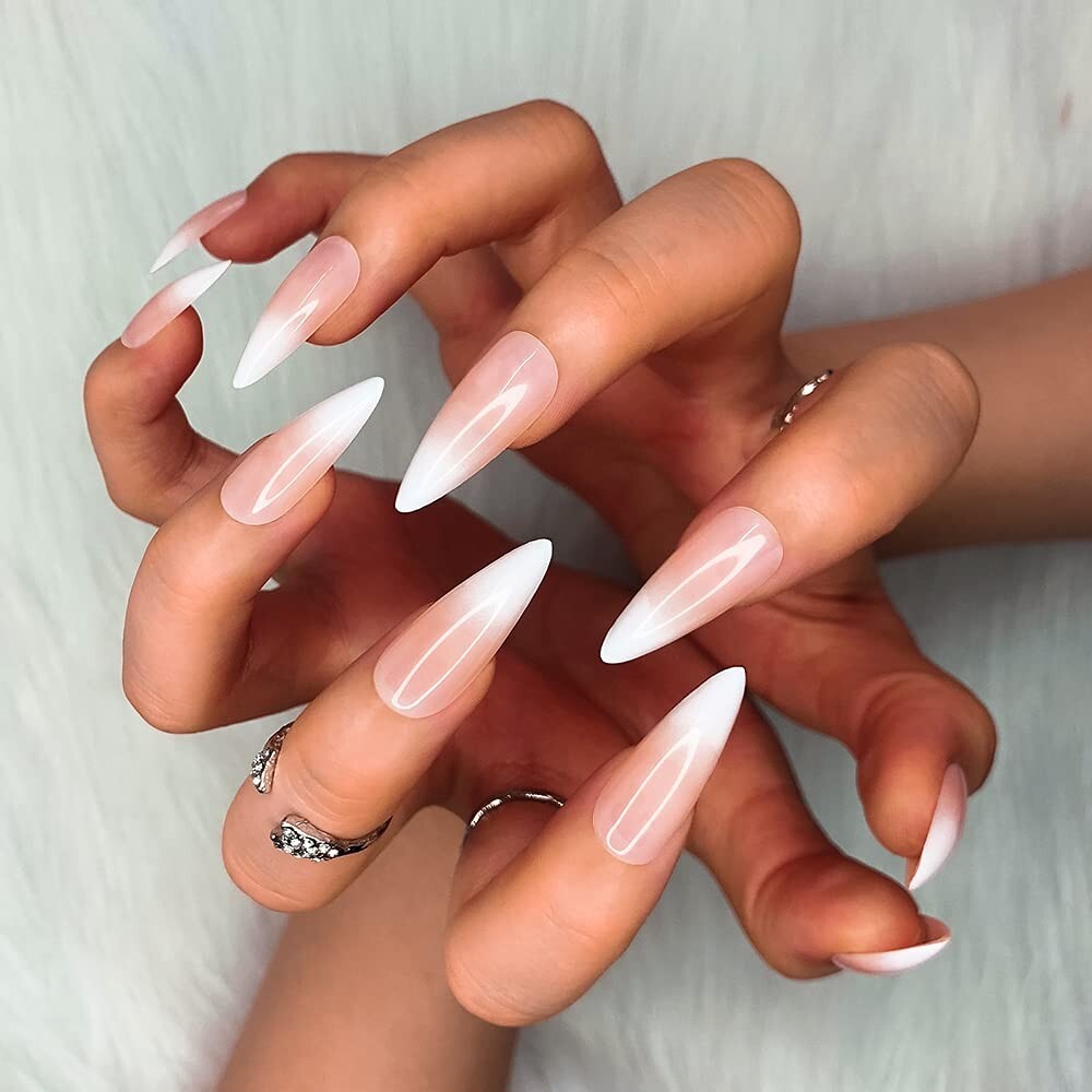 French Ombre Fake Nails – Medium Long Stiletto Almond Press on Nail Tips – 24pcs
