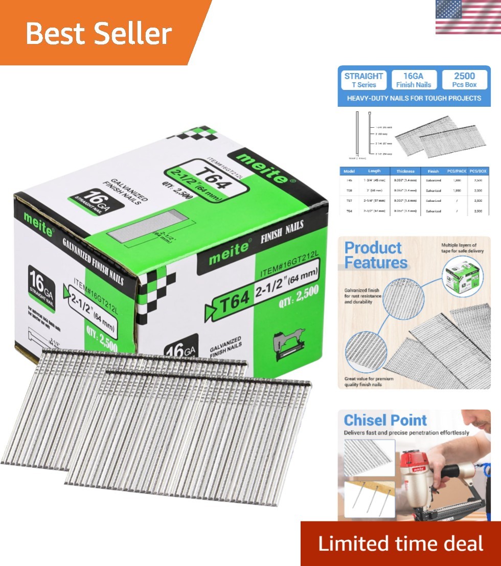 Durable 2-1/2 Inch Galvanized 16 Gauge Straight Finish Nails, Box of 2500 PCS