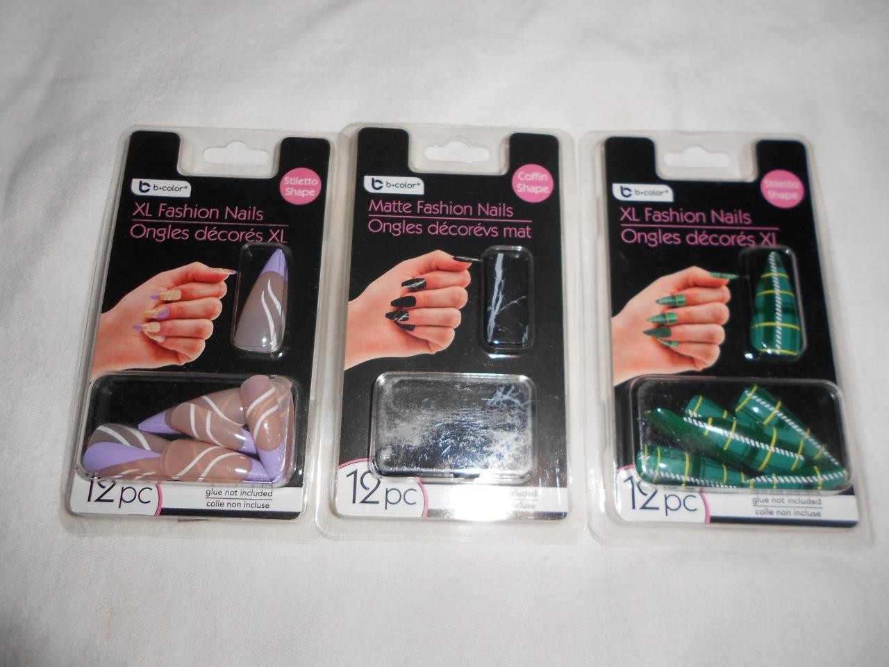 Lot 3 12pk B-Color XL Green Plaid, Purple Tip & Black Marble Fashion Nails NEW