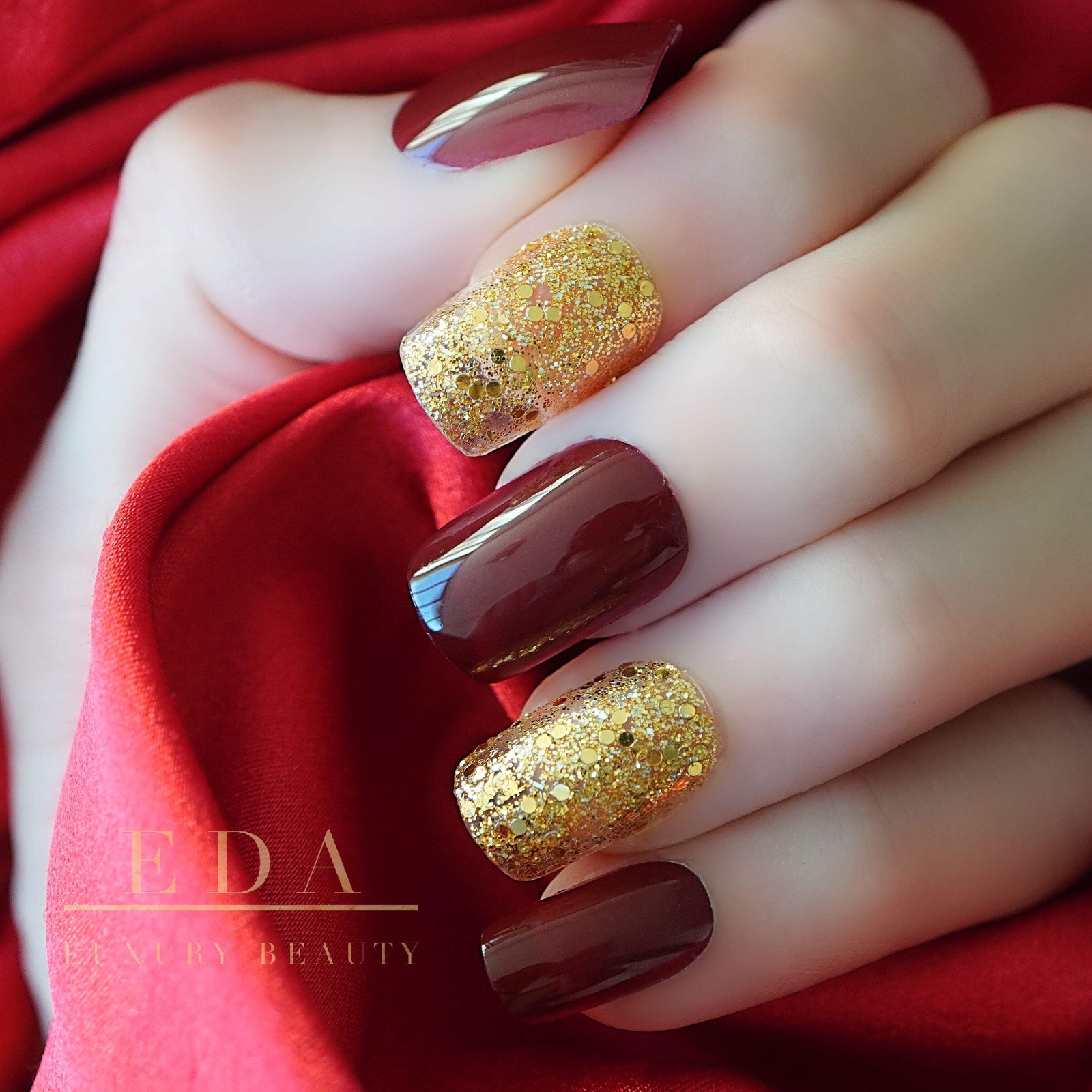 Dark Red Burgundy Glitter Gold Press On Nails Medium Long Square Fake Nails Set