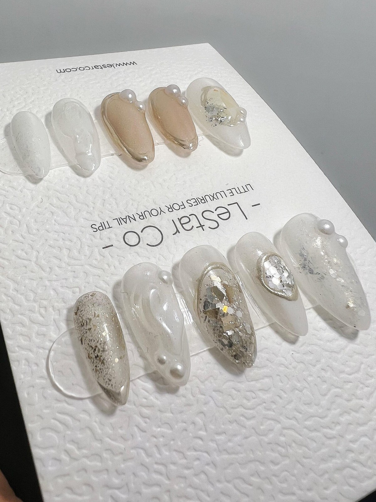 Handmade Milky White Silver Foil Glitter Pearl Medium Almond Press on Nails