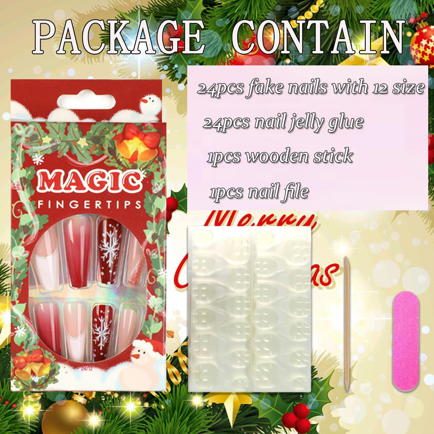 Christmas Artificial Fake Nails, Press on Nails Square Long Length, 24Pcs Glossy