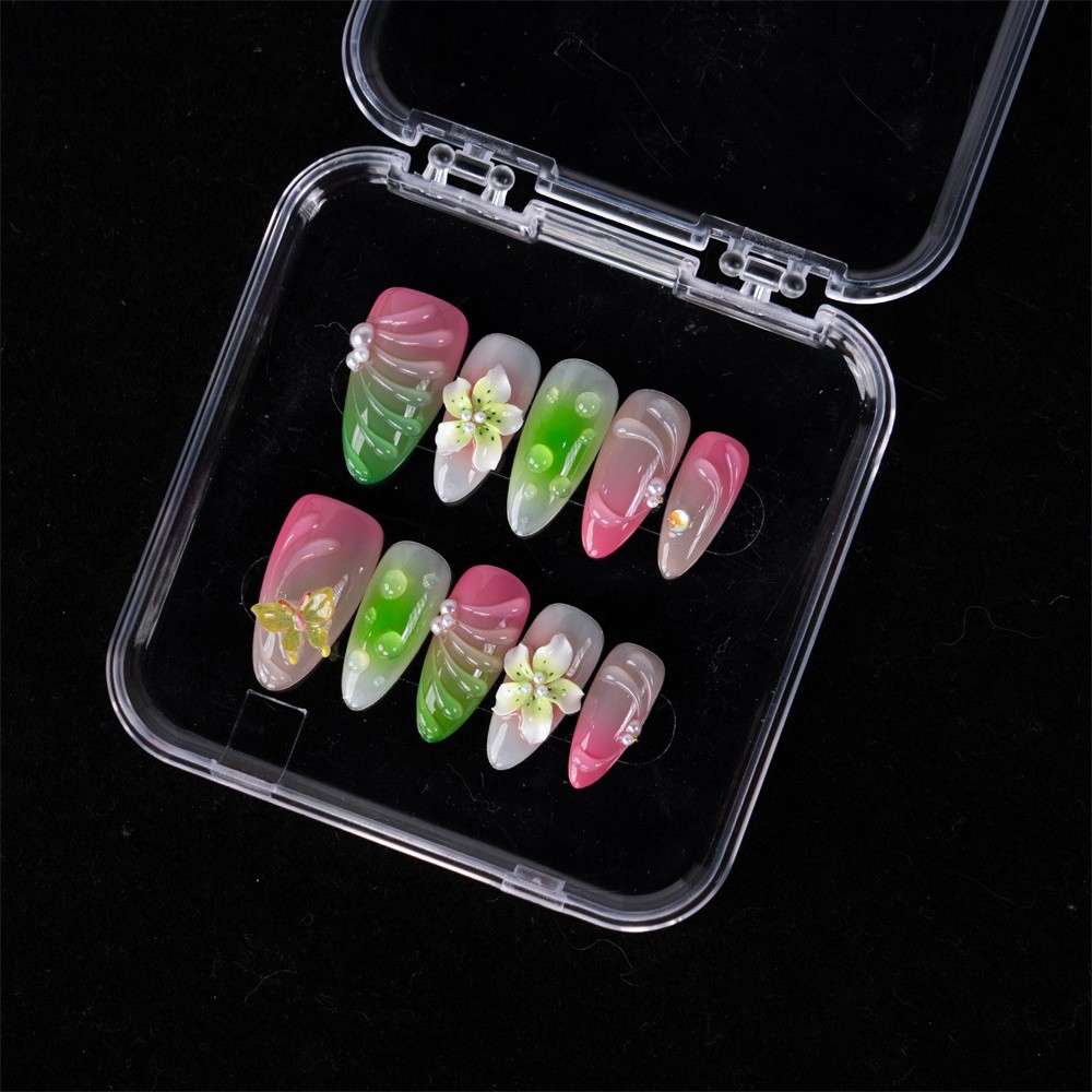 Handmade Press On Nails High Quality Pink Green Gradient Floral Almond Fake Nail