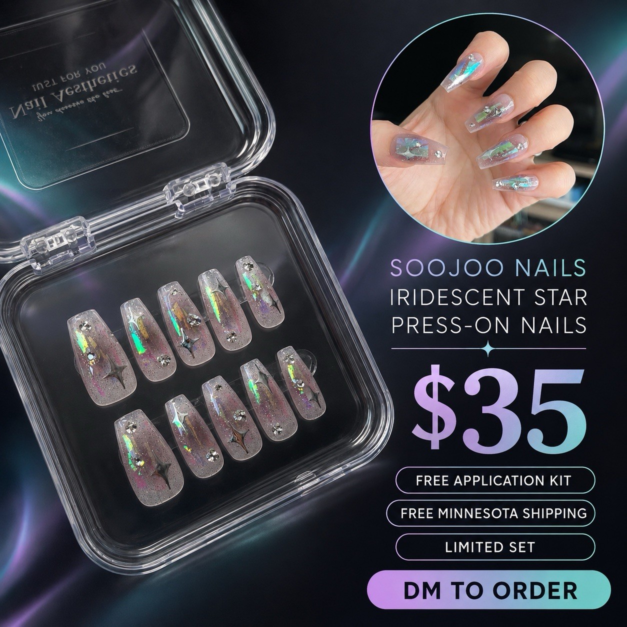 SooJoo Nails Press-On Nails Long Coffin Clear Silver Iridescent Glitter Star