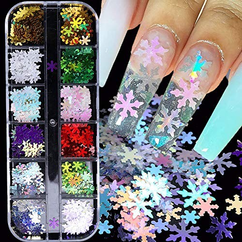 Snowflake Glitter Nail Sequins – 12 Grids 3D Colorful Christmas Holographic