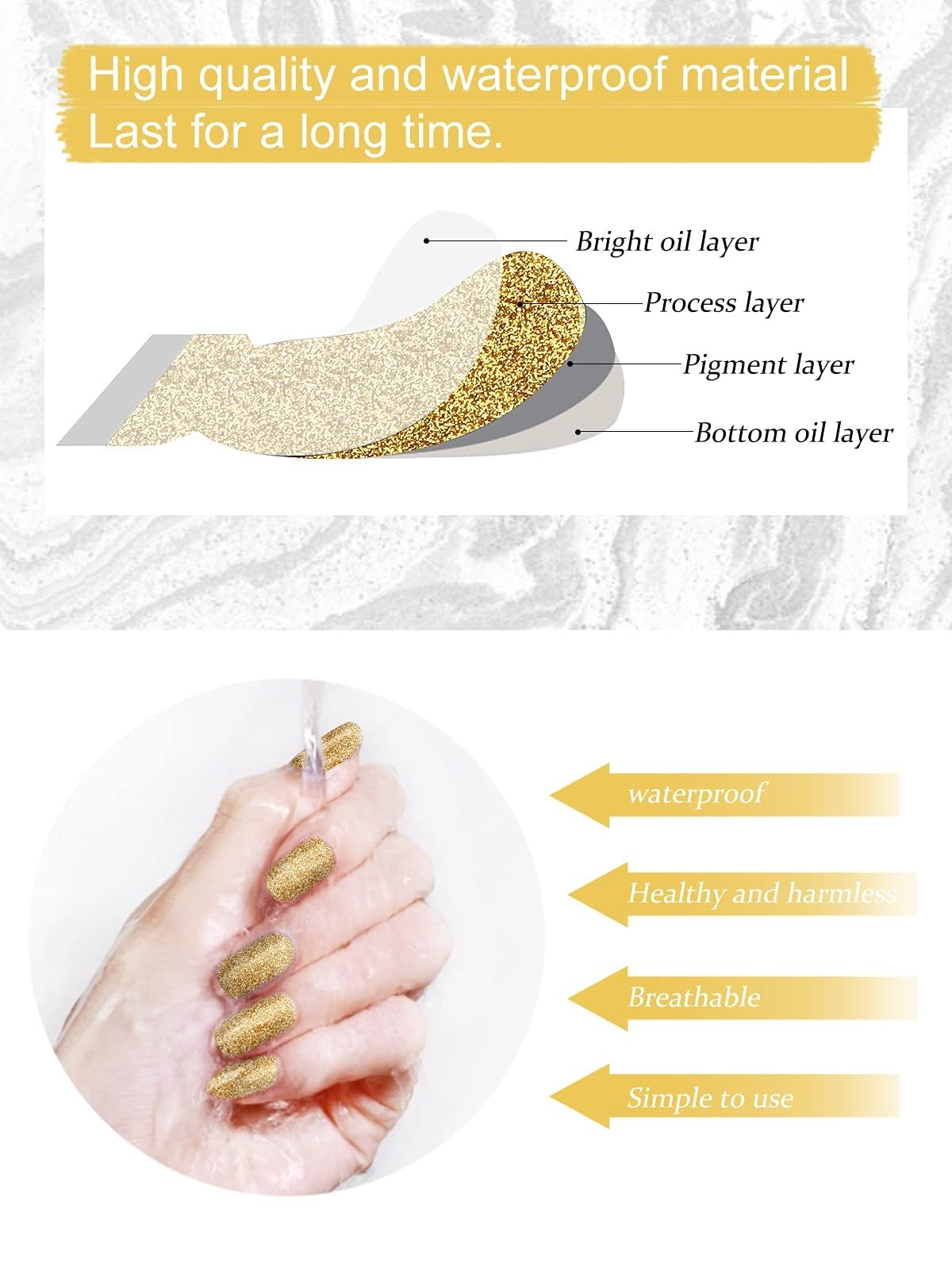 40PCS Gold Glitter Gel Nail Wraps Strips, Self Adhesive Full Nail Wraps,