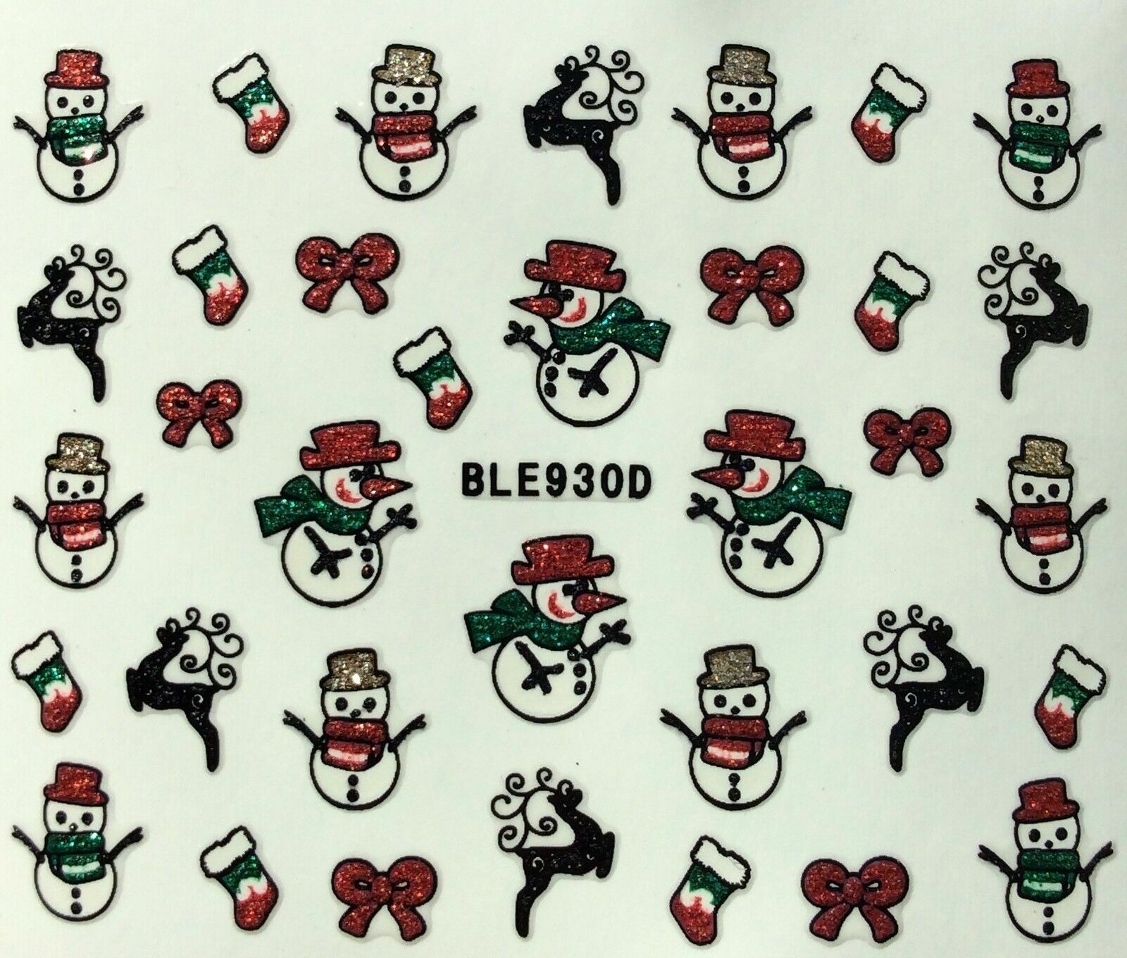 Nail Art 3D Glitter Decal Stickers Christmas Snowman Reindeer Bows BLE930D