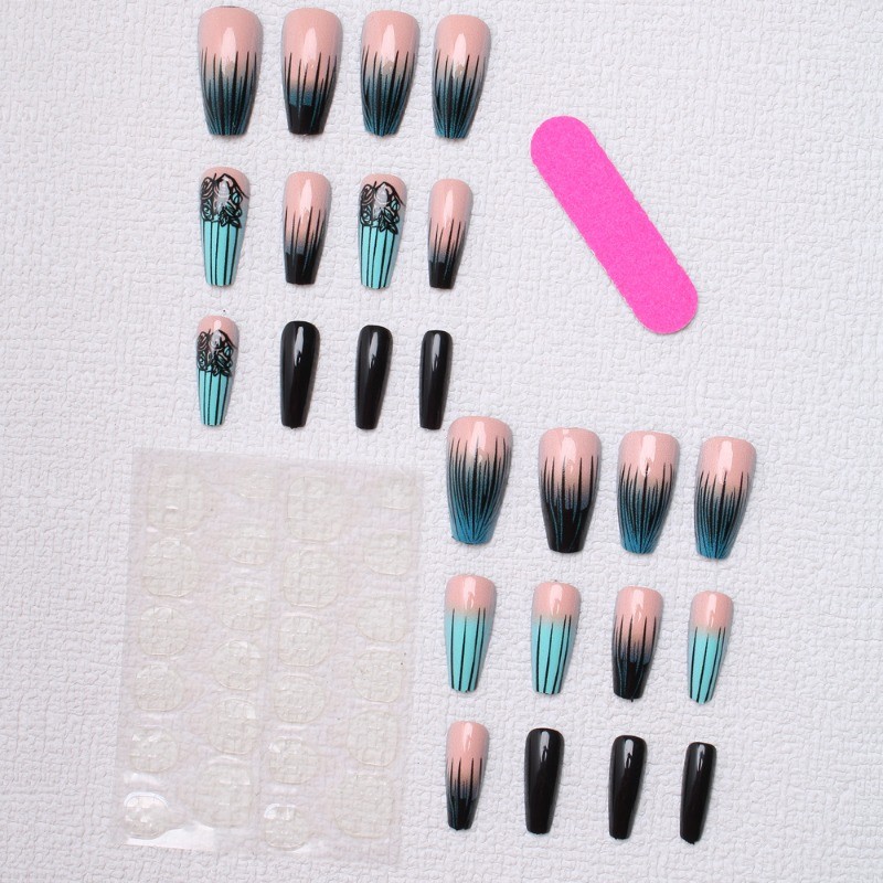 48pcs-Black & Teal Ombre Press on Nails, Coffin Nude with Hand-Painted Roses